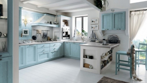 Бело-голубая кухня в интерьере + фото