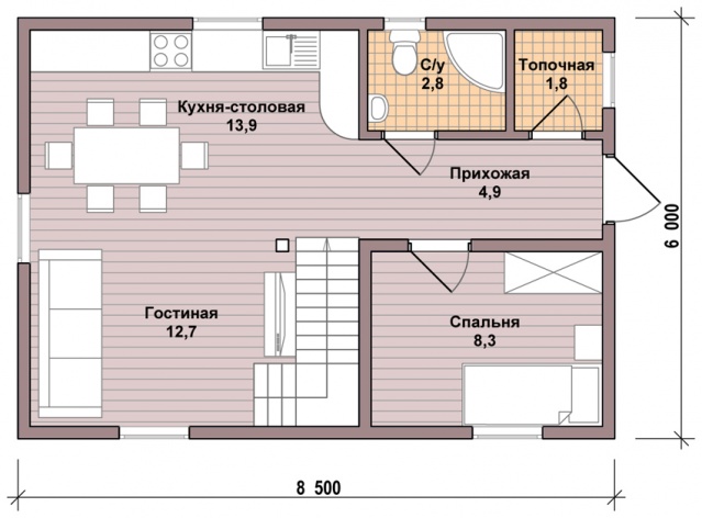 Планировка одноэтажного дома 7х8 + фото