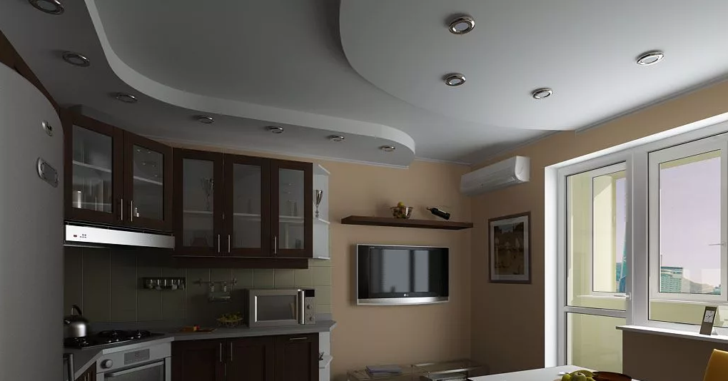 Современный дизайн потолка на кухне